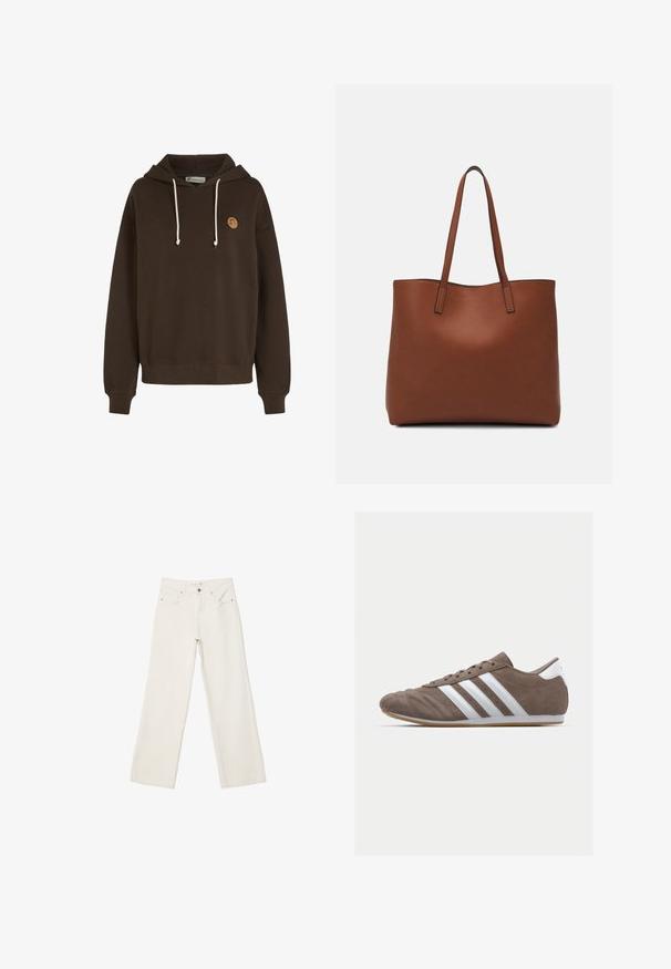 Brauner Baumwoll-Hoodie mit verstellbaren Kordeln, gerippten Bündchen und einem kleinen Logo-Patch auf der Vorderseite. Bequeme und lässige Gestaltung.; Weiße lässige Jeans aus Denim mit hochgeschnittenem Bund, Fronttaschen und Knopfverschluss. Schlichtes Design mit minimalen Akzenten.; Braune Wildleder-Sportschuhe mit weißen Streifen, runder Zehenform, Schnürdesign und Gummisohle. Strukturiertes Obermaterial mit Nahtdetails.; Braune Leder-Tote mit glatter Textur, offenem Oberteil und zwei Schulterriemen. Verfügt über minimale Nähte und keine sichtbaren Beschläge.
