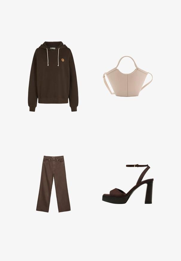 Brauner Baumwoll-Hoodie mit verstellbaren Kordeln, gerippten Bündchen und einem kleinen Logo-Patch auf der Vorderseite. Bequeme und lässige Gestaltung.; Weite braune Jeans aus Denim, mit hoher Taille, Fronttaschen und klassischem Knopfverschluss. Glatte Textur mit feinen Nähten.; Braune Wildleder-Pumps mit offenem Zeh, verstellbarem Knöchelriemen und gestreiftem Plateausohlen.; Beige Lederhandtasche mit einer einzigartigen Form, die zwei kurze Henkel und einen langen verstellbaren Riemen aufweist. Glatte Textur mit minimalen Hardware-Elementen.