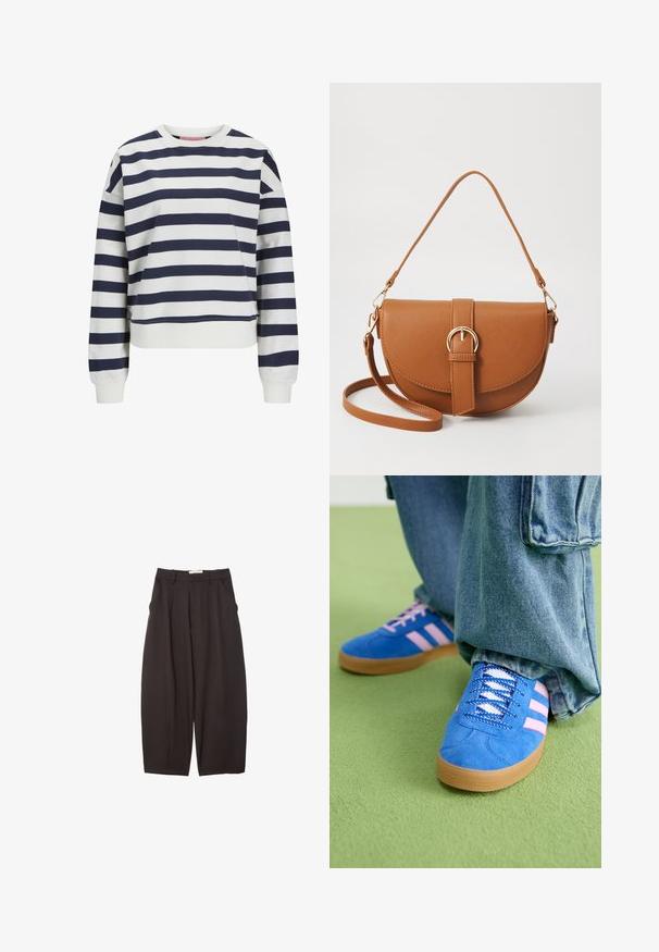 Mörkblå och vit randig sweatshirt med rund halsringning, ribbade ärmslut och nederkant; har en avslappnad passform och ett mjukt, strukturerat tyg.; Svarta vida byxor i ett mjukt tyg, med hög midja, framfickor och sidofickor. Enkel design utan utsmyckningar.; Blå mockaskor med rosa ränder och vita snören, med en sula av gummigummi, kombinerat med lösa denimbyxor på en grön yta.; Brun läder crossbody-väska med en böjd form, gyllene detaljer och en spänneaccent. Har en avtagbar axelrem.