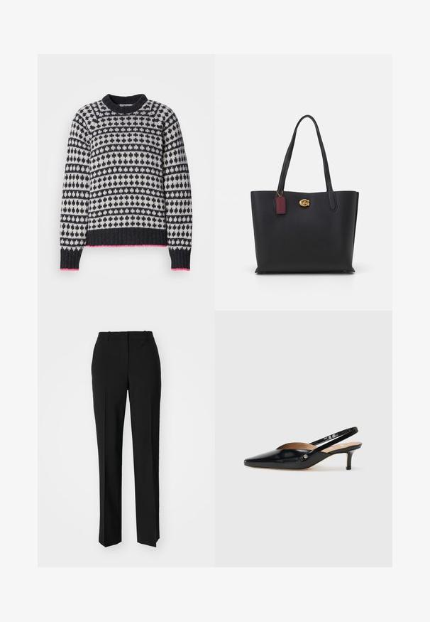 Stickad tröja med rund halsringning, geometriska mönster i marinblått och krämvitt, med en rosa kant och ribbade muddar. Mjuk textur.; Svarta skräddarsydda byxor med rak benform, med en slät yta och skarpa veck fram. Ingen synlig hårdvara.; Svart lackläder slingback pumps med spetsig tå, liten klack och ett utskärningsmönster på ovandelen. Guldtonad hårdvara som accent på sidan.; Svart läder toteväska med två långa handtag, texturerad yta, guldfärgad hårdvara och en burgundyröd etikett. Rymlig design med öppen topp.