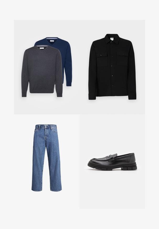 Due maglioni a V in grigio scuro e blu navy, realizzati in un tessuto morbido con polsini a coste e un dettaglio a righe all'interno del collo.; Camicia nera con bottoni, realizzata in tessuto liscio, dotata di due tasche sul petto, colletto a punta e polsini con bottoni. Design semplice con dettagli minimi.; Jeans in denim blu chiaro con una vestibilità dritta, vita alta e dettagli di cucitura minimi. Il tessuto ha una texture morbida e leggermente sbiadita.; Mocassini in pelle nera con finitura liscia, dotati di un dettaglio di cinturino anteriore e di una suola in gomma spessa con accenti scanalati.