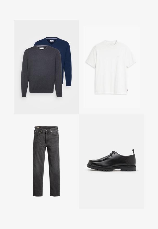 Zwei V-Ausschnitt-Pullover in Dunkelgrau und Marineblau, aus einem weichen Stoff mit gerippten Bündchen und einem gestreiften Detail im Halsauschnitt.; Weißes Baumwoll-T-Shirt mit kurzen Ärmeln, Rundhalsausschnitt und dezentem Levi's-Logo in der Mitte. Weicher Stoff und normale Passform.; Dunkelgraue Denim-Jeans mit geradem Beinschnitt, fünf Taschen und Kupfennieten. Klassisches Design mit einer leicht verblassten Textur.; Schwarze Leder-Schnürschuhe mit robustem Sohlenprofil und Zuglasche an der Ferse, von der Seite auf einem weißen Hintergrund gezeigt.