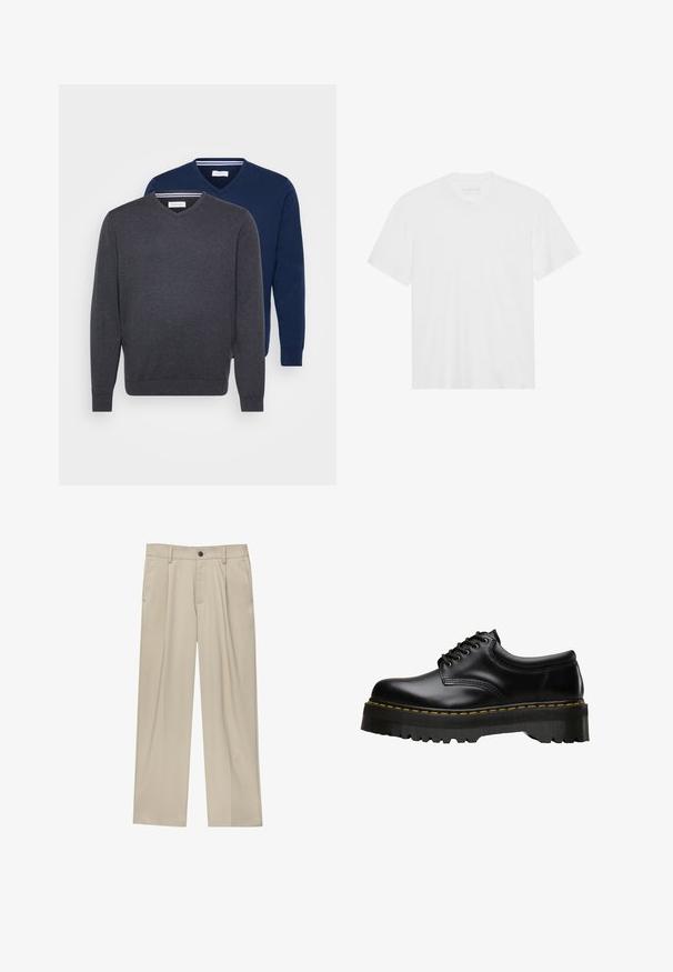 Dva puloverja z v-izrezom v temno sivi in mornarski modri barvi, izdelana iz mehkega blaga z rebrastimi manšeti in črtastim detajlom znotraj izreza.; Bela bombažna majica s kratkimi rokavi, krožnim izrezom in ravnim robom. Gladka tekstura, minimalistična zasnova brez vzorcev ali okrasov.; Bež hlače ravnega kroja, z enim črnim gumbom, zanke za pas in stranskimi žepi. Gladka tekstura tkanine in minimalističen dizajn.; Črne usnjene čevlje z vezalkami, debelim zobatim črnim gumijastim podplatom in rumenim šivom ob robu, ki imajo gladek finiš.
