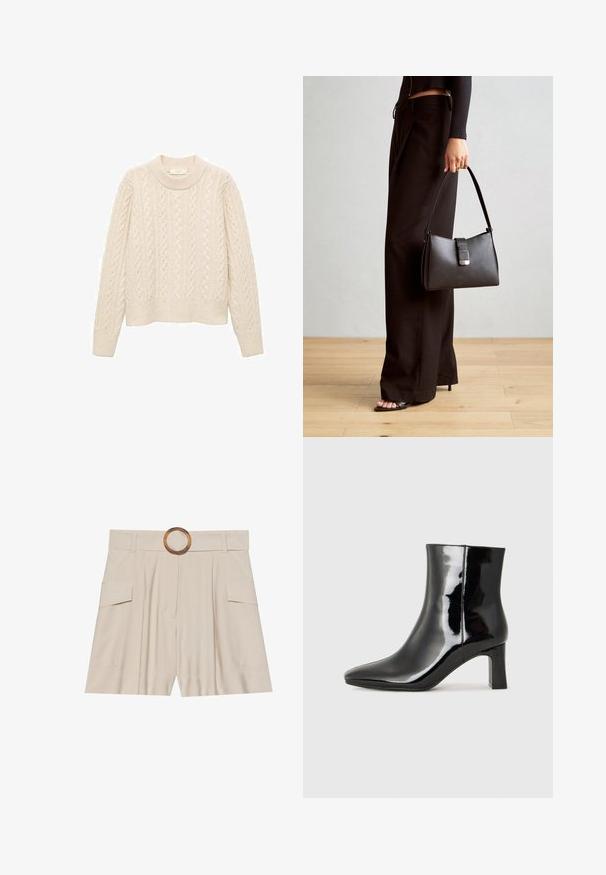 Krem pulover z pleteno teksturo, okroglo ovratnikom, dolgimi rokavi in rebrastim robom. Narejen iz mehke, teksturirane pletenine.; Beige kratke hlače z visokim pasom, širokim ravnim pasom, lesenim krožnim zaponko, gubanim sprednjim delom in dvema stranskima žepoma. Gladka tekstura tkanine.; Črne lakirane gležnjarje z ošiljenim nosom in srednje visokim blokastim peto. Gladka tekstura in minimalističen dizajn.; Črna torbica z strukturirano obliko, gladko teksturo in kovinskim zaponko. Ujemajo se z širokimi črnimi hlačami in odprtimi sandali na lesenem tleh.