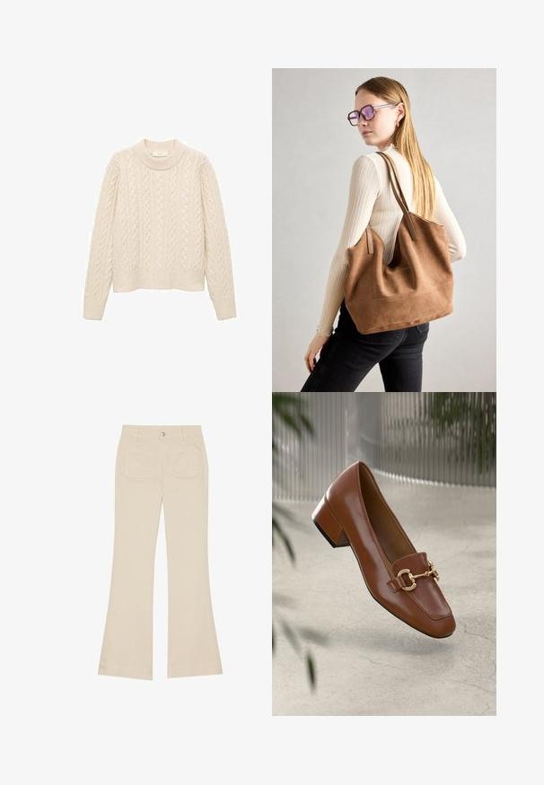 Maglione a coste color crema con scollo rotondo, maniche lunghe e orlo a costine. Realizzato in un morbido materiale a maglia testurizzata.; Pantaloni beige a zampa d'elefante con vita alta, realizzati in tessuto di cotone. Presentano tasche frontali e posteriori, passanti per cintura e un singolo bottone argentato.; Mocassino in pelle verniciata marrone con punta quadrata, accentato da catena metallica e tacco basso; texture liscia, design minimalista.; Borsa a tracolla in suede marrone con texture morbida, ampia apertura e lunghe cinghie. Caratterizzata da un design semplice con cuciture visibili e senza accessori.