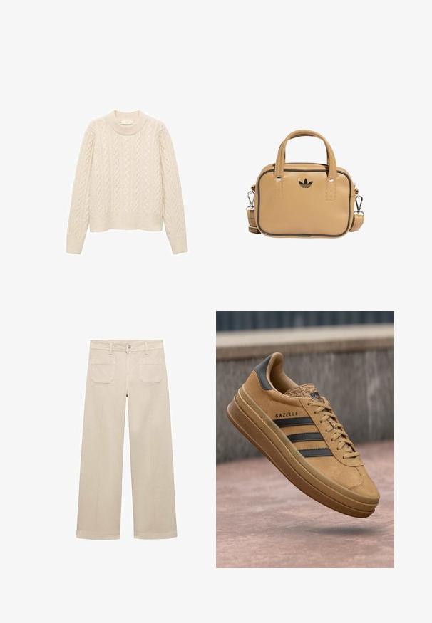 Maglione a coste color crema con scollo rotondo, maniche lunghe e orlo a costine. Realizzato in un morbido materiale a maglia testurizzata.; Pantaloni beige a gamba larga in cotone. Presentano una chiusura con zip, un bottone frontale e due tasche applicate sul retro. Orlo pulito senza decorazioni.; Sneakers in camoscio beige con texture liscia, caratterizzati da tre strisce scure, punta arrotondata e suola più spessa con un bordo decorato.; Borsa in ecopelle color tan con due manici, tracolla removibile, cuciture nere a contrasto e un piccolo logo nero sul davanti.
