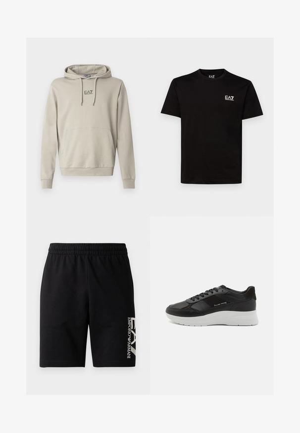Hellbeiger Hoodie mit Kordelzug, Kängurutasche und EA7-Logo auf der Brust. Der Stoff wirkt weich mit glatter Textur.; Schwarzes Baumwoll-T-Shirt mit Rundhalsausschnitt, kurzen Ärmeln und kleinem weißen EA7-Logo auf der linken Brust. Glatte Textur und reguläre Passform.; EA7 Emporio Armani TRAIN VISIBILITY - Shorts - black/cream; Schwarze Ledersneaker mit Wildlederdetails, runde Zehenform, weiße Gummisohle und gestickte Verzierungen. Logo seitlich aufgedruckt. Klassisches Schnürdesign.