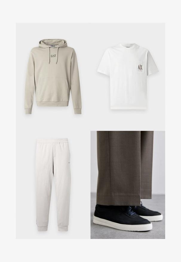 Lys beige hettegenser med snor, kengurulomme og EA7-logo på brystet. Stoffet virker mykt med en jevn tekstur.; Hvit bomull T-skjorte med korte ermer, rund hals, og en venstre brystlomme med brodert "A|X"-logg i brun.; Lys grå joggebukser med elastisk midjebånd, sidelommer, ribbestrikkede mansjetter og subtil merking på benet, laget av myk stoff.; Svarte suedeglans sneakers med hvite gummisåler, med rund tå og lisser, iført grå skreddersydde bukser.