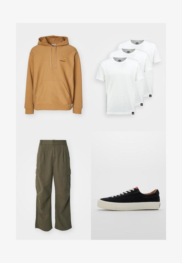 Brown hooded sweatshirt made of soft fabric, featuring a front pouch pocket and embroidered logo on the chest. Simple design, ribbed cuffs.; Three plain white cotton t-shirts with short sleeves. Each shirt features a round neckline and a small black logo tag on the left side.; Cargo pants in olive green, made of cotton, with a wide leg design, pleats, and side pockets for utility.; Black fabric sneaker with white laces, beige rubber sole, and red accent at the heel. Rounded toe and minimal stitching detail.