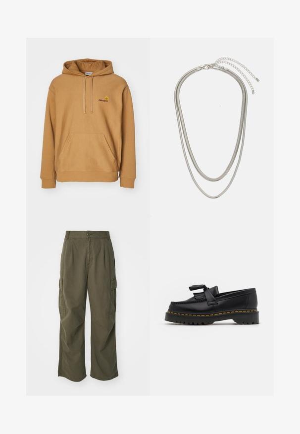 Hnědá mikina s kapucí vyrobená z měkké tkaniny, s přední kapsou a vyšitým logem na hrudi. Jednoduchý design, manžety s ribem.; Olivové cargo kalhoty z bavlny, s širokým střihem, sklady a postranními kapsami pro praktičnost.; Černé kožené mokasíny s třásněmi, se silnou černou podrážkou a žlutým prošíváním podél okraje. Texturovaný povrch.; Vícevrstvý stříbrný kovový náhrdelník s elegantními, flexibilními řetízky s jemným leskem, zabezpečený karabinkou a nastavitelným řetízkem.