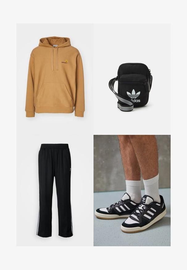 Brązowa sweatshirt z kapturem, wykonana z miękkiego materiału, z przednią kieszenią typu kangur i haftowanym logo na piersi. Prosty design, ściągacze na rękawach.; Czarne sportowe spodnie z elastycznym paskiem w talii, z białymi paskami po bokach i małym logo. Materiał wydaje się miękki i lekki.; Czarno-białe sneakersy z zamszową i skórzaną cholewką, z trzema białymi paskami, perforowanym czubkiem i gumową podeszwą w kolorze gumy.; Czarna torba crossbody wykonana z materiału, z zamknięciem na zamek błyskawiczny, z białym logo Adidas oraz regulowanym paskiem w paski, co ułatwia noszenie.