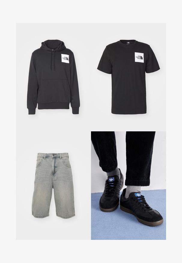 Felpa nera con cappuccio realizzata in tessuto morbido, dotata di tasca frontale a marsupio, cappuccio con cordino e patch con logo bianco sulla parte sinistra del petto.; T-shirt nera in cotone con maniche corte, colletto girocollo e un logo quadrato bianco sul petto con il testo "The North Face" e un design curvo.; Shorts in denim azzurro chiaro con una vestibilità rilassata, dotati di cinque tasche, passanti per la cintura e una finitura sbiadita. L'orlo è arrotolato e cucito.; Scarpe da ginnastica nere in materiale scamosciato e in pelle, con un logo blu e una suola in gomma marrone. Abbinati a calzini grigi e pantaloni in velluto a coste.