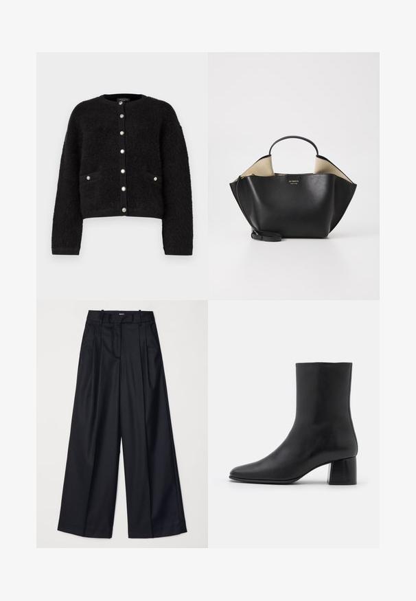 rag & bone KAIA CARDIGAN - Neuletakki - black; Musta leveälahkeinen housut, jotka on valmistettu sileästä kankaasta. Niissä on korkea vyötärö, laskoksia ja räätälöity muotoilu. Yksinkertaiset mustat metalliosat vyötäröllä.; Mustat nahkasaappaat nilkkakorkeudella, joissa on terävä kärki ja tukeva neliön muotoinen korko. Sileä pinta, saumaton muotoilu ja minimalistinen ommel.; Ree Projects ANN TOTE MINI - Käsilaukku - black