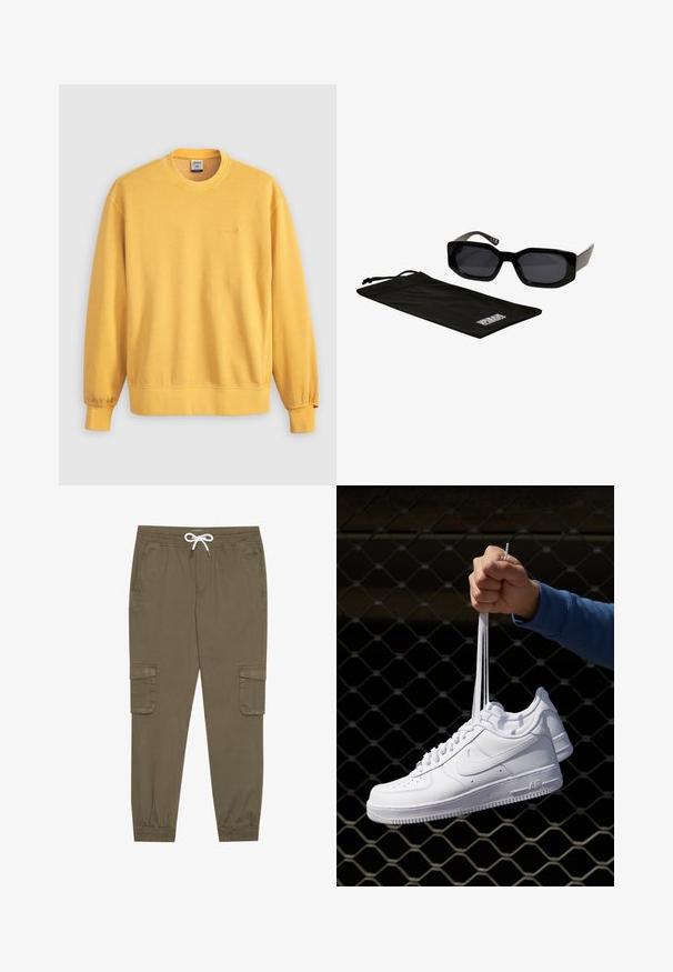 Yellow sweatshirt with long sleeves, crew neckline, and ribbed cuffs. Features a small brand logo embroidered on the chest. Soft texture.; Khaki cargo pants with an elastic waistband and drawstring, featuring side pockets and cuffed ankles. Made from a textured, lightweight material.; White leather sneakers with perforations, round toe, flat sole, and thick laces, featuring a visible swoosh logo and "AIR" on the heel.; Black sunglasses with angular, oversized frames and dark lenses, accompanied by a black microfiber pouch with a logo on it.