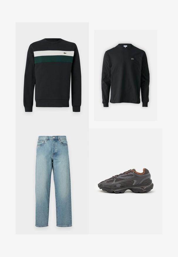 Sweatshirt escuro com uma base preta, apresentando riscas horizontais verdes e brancas ao longo do peito e um pequeno logótipo bordado à esquerda.; Camisola preta de manga longa feita de algodão, com decote redondo e um pequeno logótipo de crocodilo bordado em verde no lado esquerdo do peito.; Jeans de denim azul claro com um corte solto, pernas retas, design de cinco bolsos e fecho de botão na cintura. Detalhe de costura minimalista.; Ténis Lacoste em cinza-escuro com material em malha e sintético, apresentando uma sola texturizada e detalhes castanhos na gola e na marca.