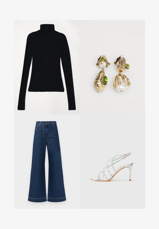 Musta pitkähihainen poolopaita, jossa on istuva siluetti, pehmeä rakenne, korkea kaula-aukko ja etuvetoketjuyksityiskohta.; Siniset farkut leveällä lahkeella ja korkealla vyötäröllä, jossa on nappikiinnitys, vyölenkit sekä huomaamattomat tikkaus yksityiskohdat taskuissa ja lahkeissa.; Hopeaken hopeapain sukka, jossa on ristikkäiset hihnat, läpinäkyvät yksityiskohdat ja tyylikäs, kapea varvastyökalu. Säädettävä nilkkahihna.; Kultakuvioiset korvakorut esittävät epäsäännöllisiä teksturoituja muotoja, joita koristavat vihreät kivet ja valkoiset helmet. Ne on varustettu klipsikiinnityksillä.