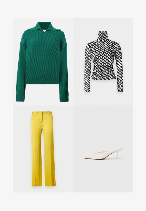 Green ribbed knit sweater with a wide collar, long sleeves, and side slits. Features a textured finish and relaxed fit.; Long-sleeve turtleneck top in sheer black fabric with a repeating white chain pattern. Fitted design with subtle gathered detailing at the waist.; Wide-leg trousers in bright yellow, made of smooth fabric. Features a front pocket and tailored waistband for a structured look.; Pointed-toe white mule with a low stiletto heel. Made of smooth material with a minimalist design and subtle tan sole detail.