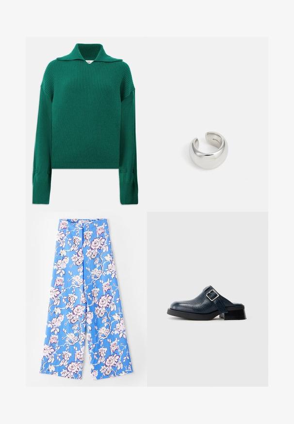 Zaļš ribota adījuma džemperis ar plašu apkakli, garām piedurknēm un sānu šķēlumiem. Tam ir teksturēta apdare un brīva piegriezuma forma.; Zilie ziedu bikses ar pasteļrožu rakstu. Audums ir gluds, ar brīvu piegriezumu, plats kājas un elastīgu jostu.; Jūras zila ādas klogs ar teksturētu apdari, ar sānu siksnu un sudraba sprādzi, novietots uz zema melna papēža ar izturīgu zoli.; Maria Black TRYVANN EAR CUFF - Viens auskars - silver coloured