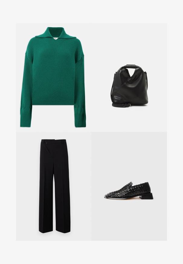 Green ribbed knit sweater with a wide collar, long sleeves, and side slits. Features a textured finish and relaxed fit.; Black wide-leg trousers with a flat front, button closure, and smooth fabric texture. Features a straight cut and crisp lines.; Black leather woven slip-on shoe with low block heel and scalloped edge detail, displayed on a white background.; Black, soft leather bag with a unique twisted design. Features a short handle and a detachable shoulder strap. Minimalist style.