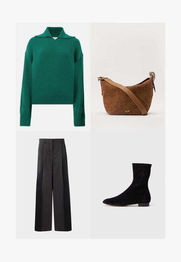 Roheline ribakudumisest kampsun laia kraega, pikkade varrukatega ja külgsete lõigetega. Omab tekstuurset viimistlust ja lõdva istuvusega disaini.; Mustad laiad püksid kõrge vöökohaga, millel on ees voldid, sile tekstuur ja õmmeldud viimistlus. Kujundatud lõdva istuvuse saavutamiseks.; Musthave mustan nahast pahkluu saabas, millel on kitsas vars, terav nina ja madal plokk-konts. Pehme tekstuur ja minimalistlik disain, sobib mitmekesiseks stiliseerimiseks.; Pruun sametist õlavarre kott, millel on reljeefne lillemuster, mida täiendab sile pruun nahast rihm ja kuldse tooni lisandid.