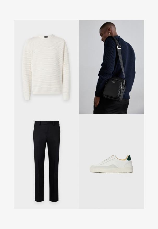 Fehér kötött pulóver, textúrázott mintával, kerek nyakkivágással, hosszú ujjak ribbelt mandzsettákkal és aljjal. Puha anyag, laza szabású.; Fekete nadrág sima szövetből, egyenes lábmegoldással, elülső gyűrődéssel és övbútorokkal a deréknál. Nincs látható minta vagy díszítés.; Fehér sneaker suédé részletekkel, kerek orral, lapos fűzőkkel és krémszínű gumitalppal. Zöld logó található a sarkán.; Fekete bőr keresztpántos táska cipzáras rekesszel, logó részlettel és márkázott állítható pánttal. Egy texturált tengerészkék pulóver mellett viselve.