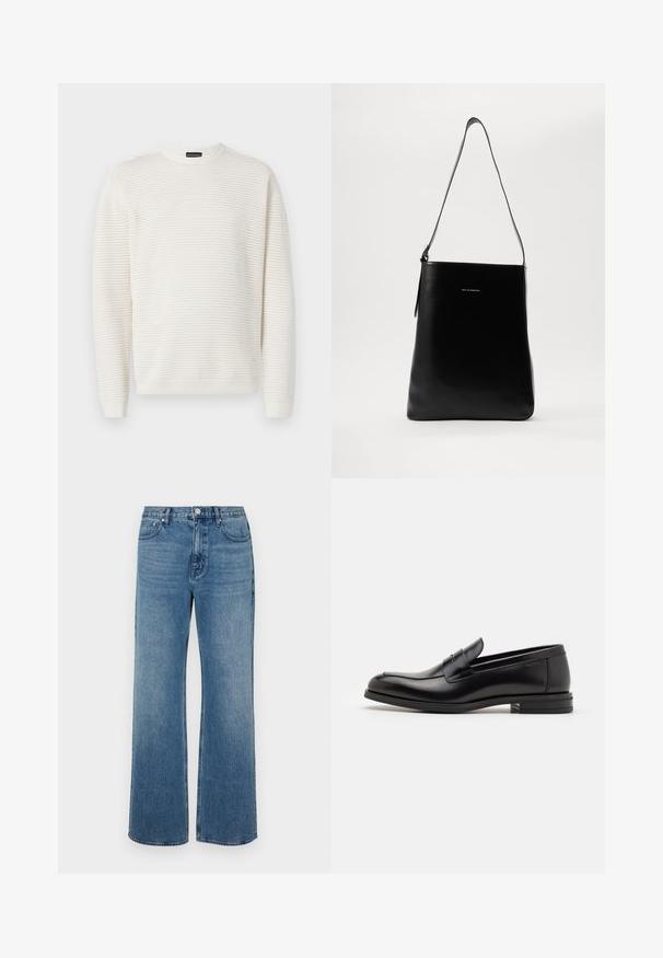 White knit sweater featuring a textured pattern, round neck, and long sleeves with ribbed cuffs and hem. Soft fabric with a relaxed fit.; Wide-leg blue jeans made of denim with a faded finish. Features five pockets, a front button closure, and a straight cut.; Black leather loafers with a smooth texture, rounded toe, and a decorative strap across the vamp. Low stacked heel, minimalist design.; Black leather shoulder bag with a smooth texture, rectangular shape, and a long strap; features a small white logo at the center.