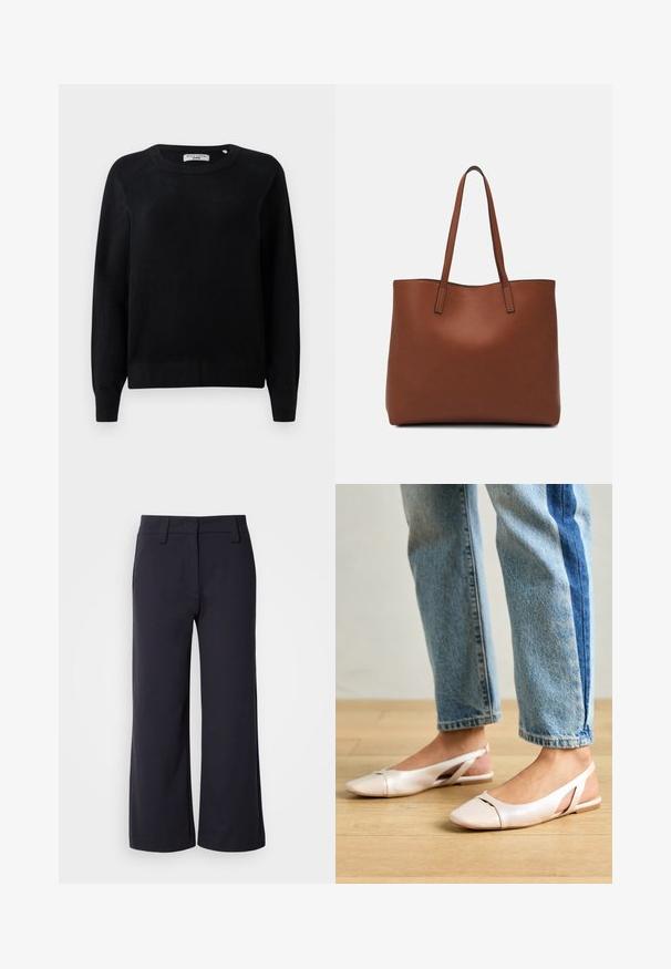Černý pletený svetr s kulatým výstřihem, dlouhými rukávy a žebrovanými manžetami a lemem. Měkká textura, žádné viditelné vzory nebo kovy.; Kalhoty širokého střihu v tmavě modré látce. Mají plochý přední díl, poutka na opasek a boční kapsy. Materiál je hladký s mírným strečem.; Světle růžové slingback baleríny s špičatou špičkou, vyrobené z hladkého koženému materiálu. Obsahují vystřihovací detaily po stranách a plochý podpatek.; Hnědá kožená taška přes rameno s hladkou texturou, otevřeným designem a dvěma ramenními popruhy. Obsahuje minimální švy a žádné viditelné kovové prvky.