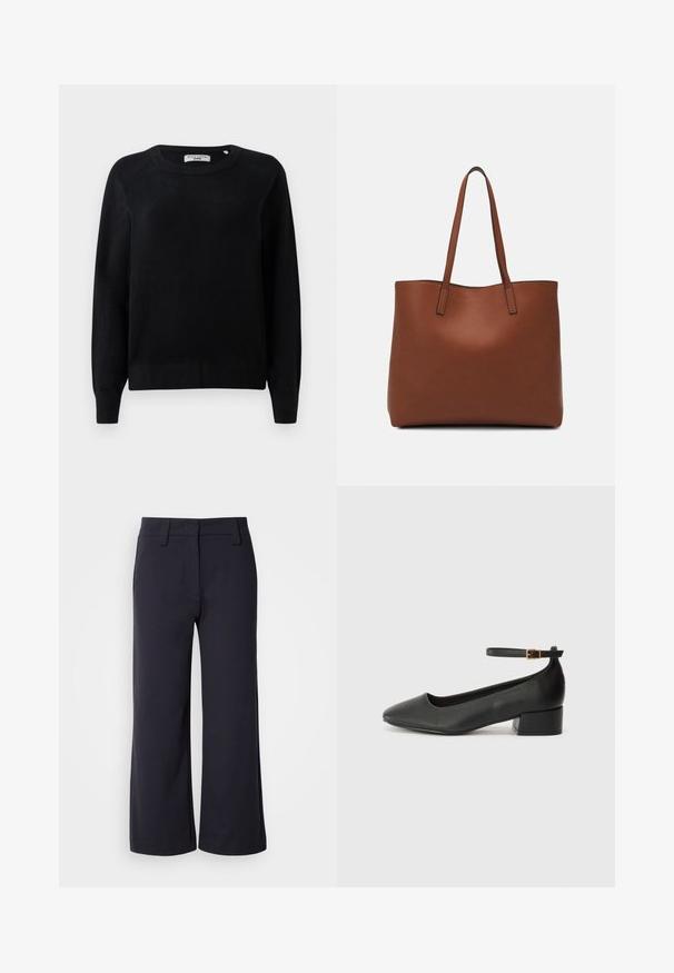 Crni pleteni pulover s okruglim izrezom, dugim rukavima i rebrastim manžetama i rubom. Mekana tekstura, bez vidljivih uzoraka ili hardvera.; Hlače širokih nogavica od tamnoplave tkanine. Imaju ravni prednji dio, petlje za remen i bočne džepove. Materijal je gladak s laganim rastezljivim svojstvom.; Crne kožne pumpe s oštrim vrhom i niskom blok petom. Sadrže remen oko gležnja s zlatnim kopčanjem. Glatka tekstura.; Smeđa kožna torba preko ramena s glatkom teksturom, otvorenim vrhom i dvjema naramenicama. Ima minimalne šavove i nema vidljivog hardvera.