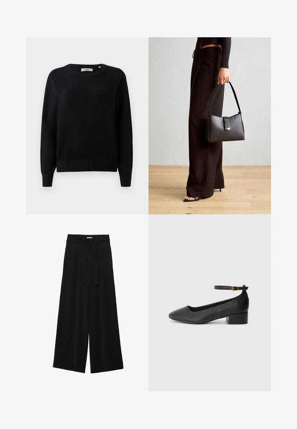 Melnā adīta džemperī ar apaļu kakla izgriezumu, garām piedurknēm un ribotām aprocēm un apakšmalu. Laba tekstūra, nav redzamu rakstu vai piederumu.; Melni platleņķa bikses ar teksturētu audumu, elastīgu jostu un noņemamu siksnu viduklī, kas nodrošina regulējamu piegulšanu.; Melnas ādas sūkņi ar smailu purngalu un zemu bloku papēdi. Iezīmēts ar potītes siksniņu ar zelta krāsas sprādzi. Gluda tekstūra.; Melnā somiņa ar strukturētu formu, gludu tekstūru un metālu sprādzi. Saskaņota ar platām melnām biksēm un sandālēm ar atvērtu purngalu uz koka grīdas.