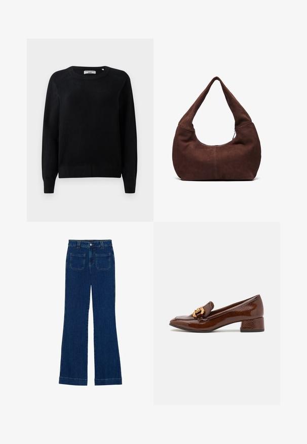 Schwarzer Strickpullover mit Rundhalsausschnitt, langen Ärmeln und gerippten Bündchen und Saum. Weiche Textur, keine sichtbaren Muster oder Hardware.; Dunkelblaue Denim-Jeans im Schlagstil mit glatter Textur, Fünf-Taschen-Design und einem Knopfverschluss an der Taille.; Braune Lederloafers mit glänzender Oberfläche, ausgestattet mit einer dekorativen goldenen Schnalle an der Vorderseite und einem niedrigen Blockabsatz. Klassisches Design.; Braune Wildleder-Hobo-Tasche mit einem gebogenen, breiten Griff und einer großen Öffnung. Weiche Textur mit sichtbaren abgesteppten Details entlang der Kanten.