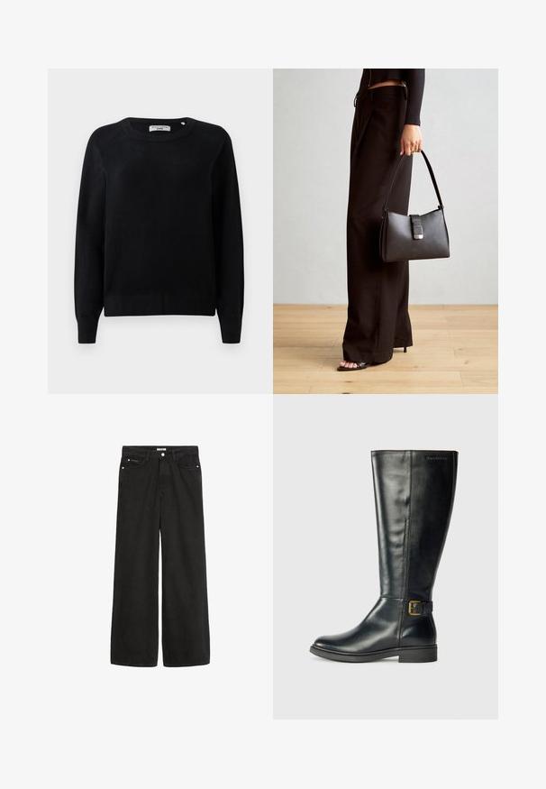 Fekete kötött pulóver, kerek nyakkal, hosszú ujjal, bordás mandzsettával és hemeléssel. Puha tapintású, látható minták vagy fémalkatrészek nélkül.; Széles lábú fekete farmernadrág magas derékkal. Öt zseb, fémalkatrészek és letisztult kivitel jellemzi. A textúra sima és puha.; Fekete bőrből készült, térdig érő csizma sima felülettel, kerek orral és oldalsó csat részlettel; finom varrás a varrások mentén.; Fekete kézi táska strukturált formával, sima textúrával és fémből készült záródással. Széles fekete nadrággal és nyitott orrú szandállal párosítva, fából készült padlón.