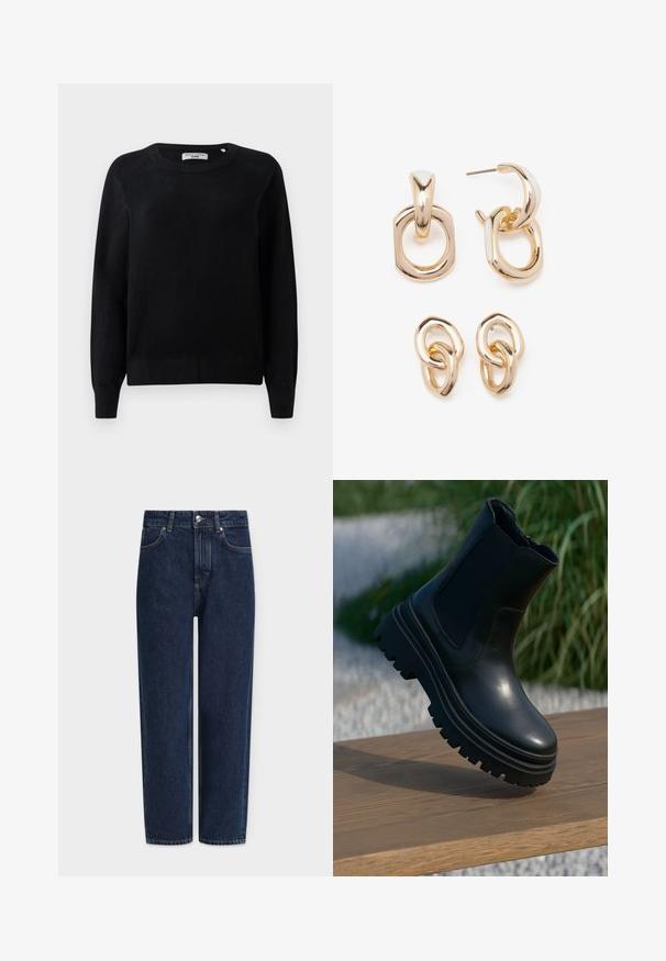 Juodas megztinis su apvalia iškirpte, ilgomis rankovėmis ir susitraukusiomis rankogaliais bei apatine dalimi. Minkšta tekstūra, be matomų raštų ar detalių.; Tamsiai mėlyni džinsai iš džinsinio audinio su tiesiomis kelnėmis, aukštu liemeniu, sidabro spalvos detalėmis, priekinėmis kišenėmis ir subtiliomis siuvimo detalėmis. Klasikinis penkių kišenių dizainas.; Juodos odinės aulinės botai su masyviu padu, elastingomis šoninėmis detalėmis ir lygia apdaila. Iškeltas dizainas su kontrastu pateikta pado detale.; Auksu padengti auskarai, turintys įvairių geometrinių formų mišinį: kvadratą, ratą ir sujungtus ovalus su poliruotu paviršiumi.