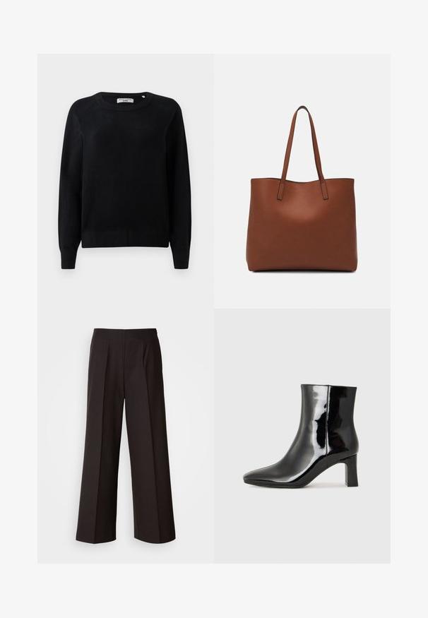 Suéter de malha preto com decote redondo, mangas longas e punhos e bainha canelados. Textura suave, sem padrões ou acessórios visíveis.; Calças largas pretas com frente plana, pregas e uma textura de tecido suave. Apresentam uma cintura alta e um corte ajustado para um caimento estruturado.; Botim de tornozelo em pele sintética preta com bico apontado e salto bloco de altura média. Textura suave e design minimalista.; Bolsa tote de couro castanho com uma textura suave, design de abertura superior e duas alças para o ombro. Apresenta costura mínima e sem hardware visível.