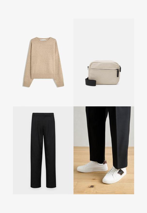 Sötét bézs színű pulóver, puha, textúrált kötésből. Kerek nyakkivágással, bordázott mandzsettákkal és rövidített, ejtett vállú szabással rendelkezik.; Fekete nadrág sima anyagból, egyenes szárú fazonnal, két elülső redővel és közönséges derékkal, övhurkokkal.; Fehér sneaker, sima textúrával, barna bőr díszítéssel és fekete részletekkel, fekete szabott nadrággal párosítva. Fából készült padló háttér.; Krém színű kordbársony crossbody táska fekete cipzárral, levehető vállpánttal és texturált mintával. Egy fő rekesszel és egy elülső zsebbel rendelkezik.