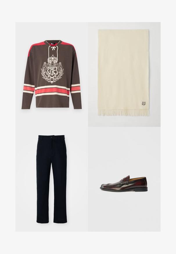 Braun langärmliges Shirt mit einem Frontdesign, das eine Krone und einen Schädel zeigt, roten Schulterakzenten und horizontalen Streifen in Creme und Rot.; Dunkelblaue Baumwollhosen mit geradem Bein, einem Frontknopfverschluss und einem klassischen Bund mit Gürtelschlaufen.; Männlicher dunkelburgunderfarbener Lederloafer mit Penny-Riemen und dekorativer Naht, flache schwarze Sohle, seitliche Ansicht gezeigt.; Cremefarbener Schal aus weichem Material, mit einem gewebten Fransenbord am unteren Ende und einem kleinen gestickten Tiermotiv in einer Ecke.