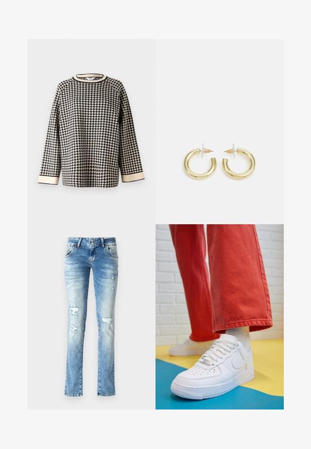 Object OBJESTER - Jumper - sandshell/black; Light blue denim jeans with a relaxed fit, featuring distressed details, a button fly with two buttons, and straight legs.; White leather sneaker with perforated toe box, textured sole, and white laces, paired with wide red pants and a blue and yellow background.; Gold hoop earrings with a smooth, shiny finish. Circular design featuring a small post and clear backing for secure wear.