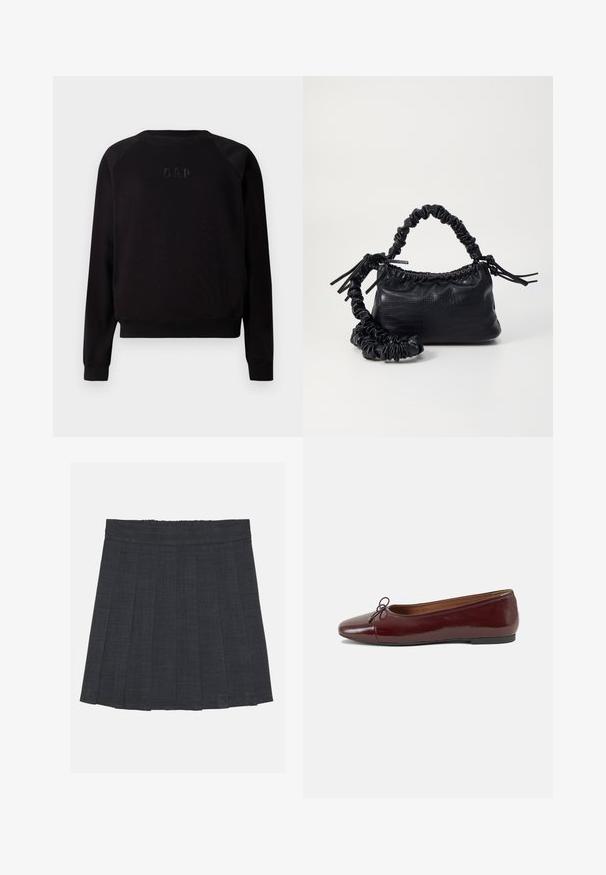Czarny długi rękaw crewneck z subtelnie podniesionym haftem logo GAP na piersi, z prążkowanymi mankietami i dolnym brzegiem.; Ciemnoszara spódnica plisowana z elastycznym pasem, wykonana z fakturowanej tkaniny, o klasycznym kroju A. Idealna do codziennych stylizacji.; Bordowe baleriny z lakierowanej skóry z zaokrąglonym noskiem, małą kokardką z przodu oraz niską, czarną gumową podeszwą. Gładka tekstura.; Czarna torebka z syntetycznej skóry o teksturze krokodyla, z zaciąganym górnym zamknięciem i marszczonym paskiem. Wygląda na miękką i zwartą w designie.