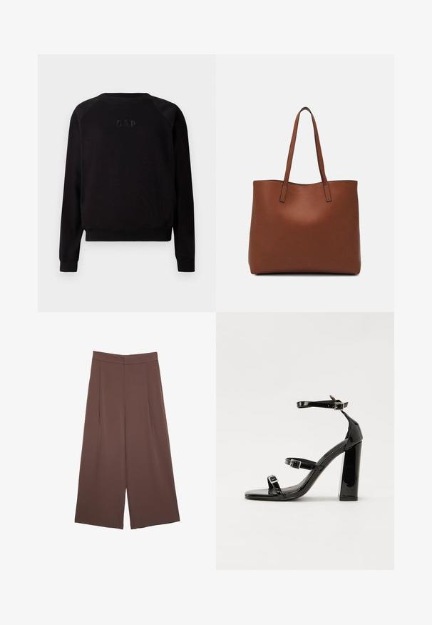 Felpa nera a maniche lunghe con scollo rotondo, con il logo GAP ricamato in rilievo sul petto, polsini e orlo a costine.; Pantaloni ampi marroni con una texture liscia, caratterizzati da una vita alta e pieghe frontali. Il tessuto è leggero e scorre liberamente.; Sandali con tacco in vernice nera, con punta squadrata, cinturini alla caviglia e fibbie in argento. Presentano un tacco a blocco spesso per maggiore stabilità.; Borsa tote in pelle marrone con texture liscia, design con apertura superiore e due spallacci. Presenta cuciture minime e nessun hardware visibile.