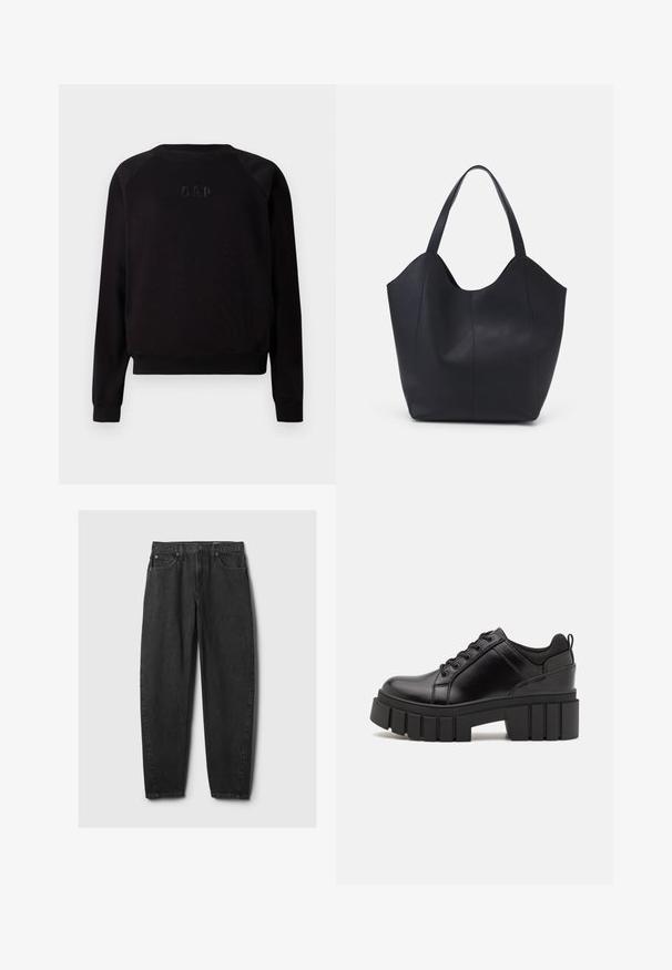 Čierny dlhý rukáv pulóver s okrúhlym výstrihom so subtilným vystúpeným logom GAP vyšitém na hrudi, s rebrovanými manžetami a lemom.; Čierne džínsy z denimu so širokým strihom, dizajnom s piatimi vreckami, pútkami na opasok a zapínaním na gombík. Tkanina má hladký povrch so subtílnym vyblednutím.; Čierne kožené platformy s masívnym blokovým podpätkom, okrúhlou špičkou a tradičným šnurovaním. Má hladký povrch a minimálne detaily.; Čierna taška s dlhým uchom vyrobená z hladkej kože, s oblým otvoreným vrchom a dvoma ramennými popruhmi, minimalistického dizajnu.