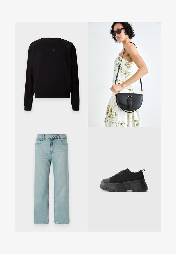 Felpa nera a maniche lunghe con scollo rotondo, con il logo GAP ricamato in rilievo sul petto, polsini e orlo a costine.; Jeans a gamba larga di colore blu chiaro realizzati in denim, con un classico design a cinque tasche, linee pulite e una vita regolare con chiusura a bottone.; Sneaker nere con suola in gomma spessa, superiore in tessuto testurizzato, punta rotonda e design con lacci. Presenta occhielli rinforzati e linguetta sul retro.; Borsa a tracolla nera in pelle con una forma curva, manico rimovibile e accessori dorati. La borsa presenta una patta con un dettaglio a fibbia.