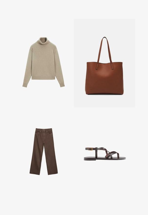 Béžový rolák vyrobený z měkké tkaniny, s ribbovaným límcem a lemy, uvolněný střih a dlouhé rukávy. Hladká textura, minimalistický design.; Hnědé džíny s širokými nohavicemi vyrobené z denimu, s vysokým pasem, předními kapsami a klasickým zapínáním na knoflík. Hladká textura s jemným švem.; Hnědé kožené sandály s kříženými pásky, uzavřením na přezku u kotníku a plochou podrážkou s minimem švů.; Hnědá kožená taška přes rameno s hladkou texturou, otevřeným designem a dvěma ramenními popruhy. Obsahuje minimální švy a žádné viditelné kovové prvky.