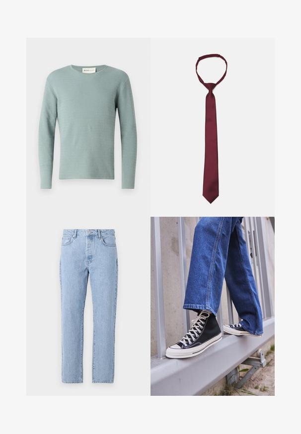 Jasnoniebieski sweter z długim rękawem o teksturowanym wzorze falistym, okrągłym dekolcie i prążkowanych mankietach. Wykonany z dzianiny, o gładkiej fakturze.; Jasnoniebieskie dżinsy o prostym kroju, pięć kieszeni i zapięcie na guziki. Miękka tekstura z klasycznym wyblakłym wykończeniem.; Czarne sneakersy za kostkę z białą podeszwą i sznurówkami, w połączeniu z luźnymi niebieskimi dżinsami, opierające się na szarym balustradzie.; Burgundowa satynowa krawatka o gładkiej fakturze, wąskim rozmiarze i zakończeniu w szpic; posiada pętlę umożliwiającą łatwe noszenie.; Brązowa skórzana torba na ramię z płaskim klapem z przodu, dwoma paskami, złotymi akcentami oraz regulowanym paskiem na ramię.