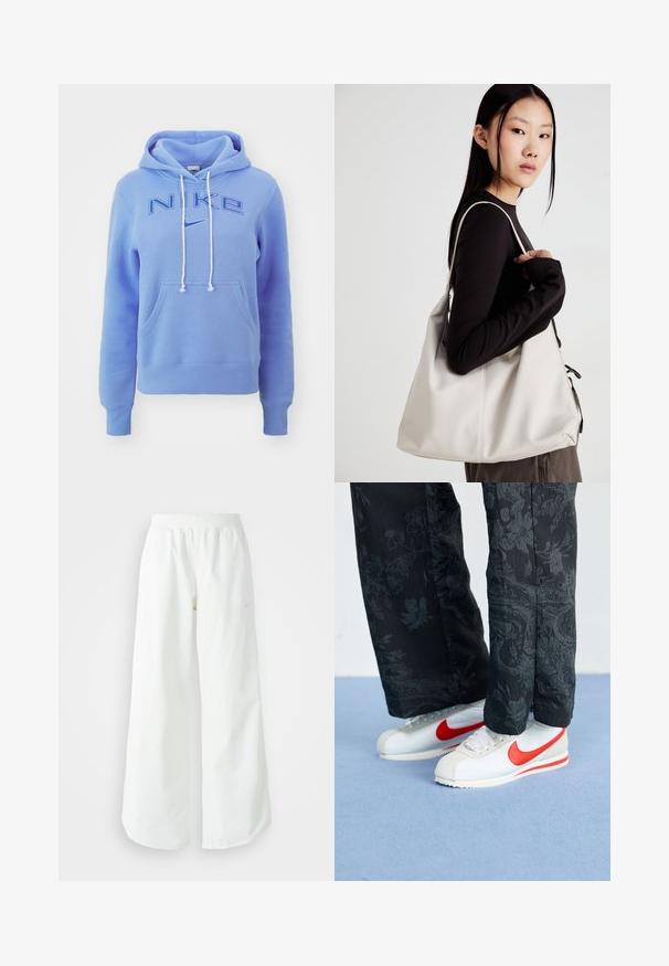 Nike Sportswear LOGO - Camisola - royal pulse/photon dust/game royal; Calças atléticas largas brancas com uma cintura canelada e um discreto detalhe de logótipo. Tecido suave com um corte relaxado e terminações ajustadas.; Sapatilhas brancas da Nike com detalhes em vermelho, combinadas com calças pretas com um padrão floral. A textura é suave com uma sola plana trançada.; Uma bolsa bege feita de material macio, com um design descontraído, detalhes de costura e duas alças para o ombro. Adequada para uso diário.