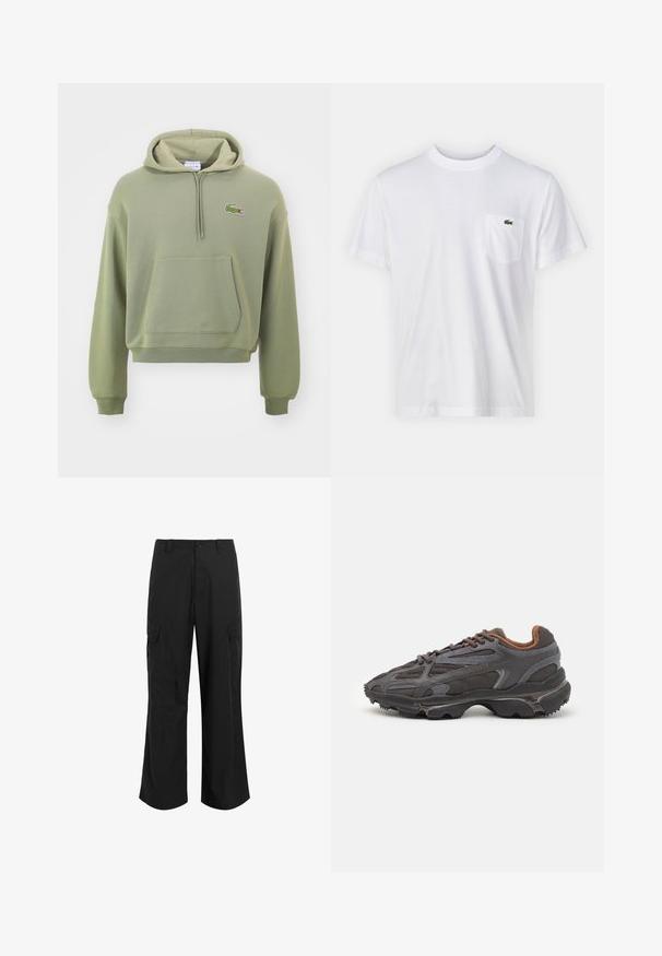 Grønn kortermet hettegenser laget av mykt stoff, med kengurulomme og snor i hetten, samt et lite brodert logo på brystet.; Hvit bomull t-skjorte med rund hals og korte ermer. Har en lomme på venstre bryst og en liten grønn Lacoste-logo.; Svarte cargo-bukser laget av lett stoff, med en avslappet passform, to store sidelommer og knappelukking.; Lacoste-sneakers i mørkegrått med mesh- og syntetisk materiale, med en teksturert såle og brune detaljer på kragen og merket.