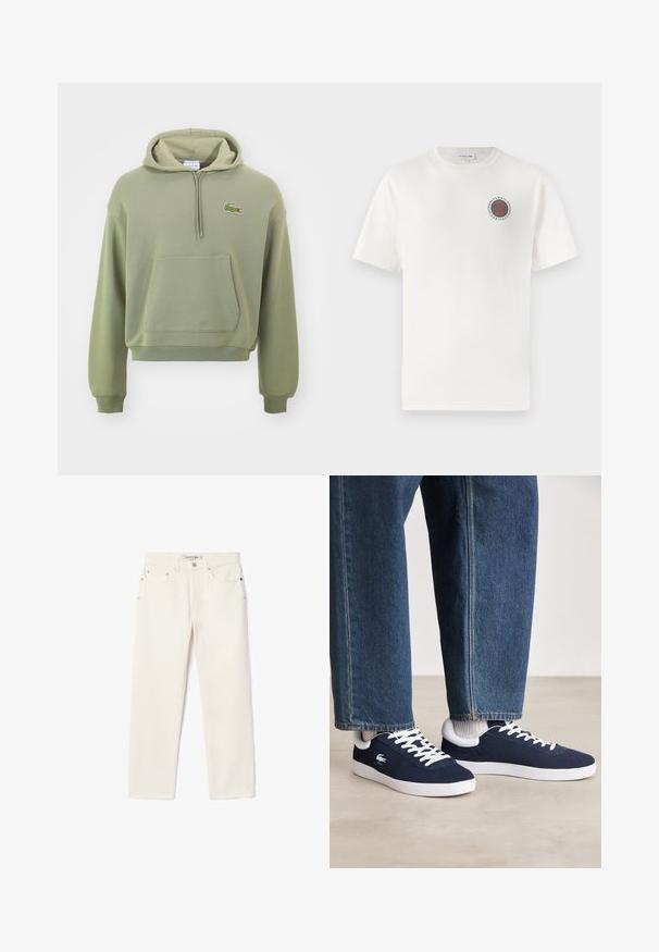 Zöld, rövidített kapucnis pulóver, puha anyagból készült, kenguruzsebkével és húzózsinóros kapucnival, apró hímzett logóval a mellkasán.; Fehér rövid ujjú pamut póló, bal mellején egy kör alakú kék és narancssárga "Tennis Heritage" logóval.; Krém színű farmernadrág egyenes szárú szabással, két elülső zsebbel, gombos záródással és diszkrét márkázással a derékpánt közelében.; Kék vászon sportcipők fehér fűzőkkel és gumis talppal, farmernadrággal és szürke bordás zoknikkal együtt bemutatva, világosszürke felületen.
