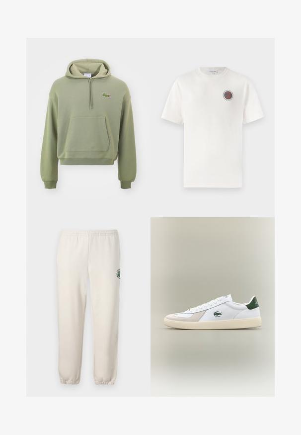 Green cropped hoodie made of soft fabric, featuring a kangaroo pocket and a drawstring hood, with a small embroidered logo on the chest.; White cotton t-shirt with short sleeves, featuring a circular blue and orange "Tennis Heritage" logo on the left chest.; Light beige sweatpants made of cotton, featuring an elastic waistband, ribbed cuffs, and a green logo with leaf design on the left leg.; White sneaker with green accents, suede and leather materials, rounded toe, textured outsole, and embroidered logo on side and tongue.