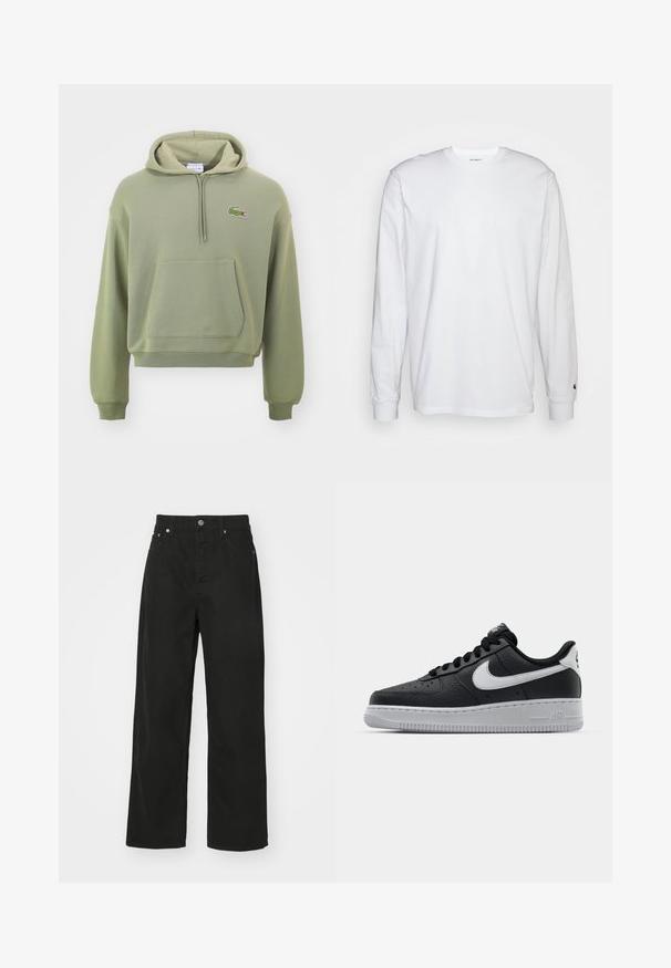 Grønn kortermet hettegenser laget av mykt stoff, med kengurulomme og snor i hetten, samt et lite brodert logo på brystet.; Hvit langermet T-skjorte laget av bomull. Rund hals-design med ribbestrikkede mansjetter og en liten logo på venstre erme. Glatt tekstur.; Svarte denim bukser med rett ben-design, som har fem lommer, en knappe-lukking og en klassisk midje. Glatt tekstur.; Svart lær sneakers med teksturert overflate, hvit Nike swoosh, grå såle, rund tå og snøredesign. Har perforeringer på tåboksen.