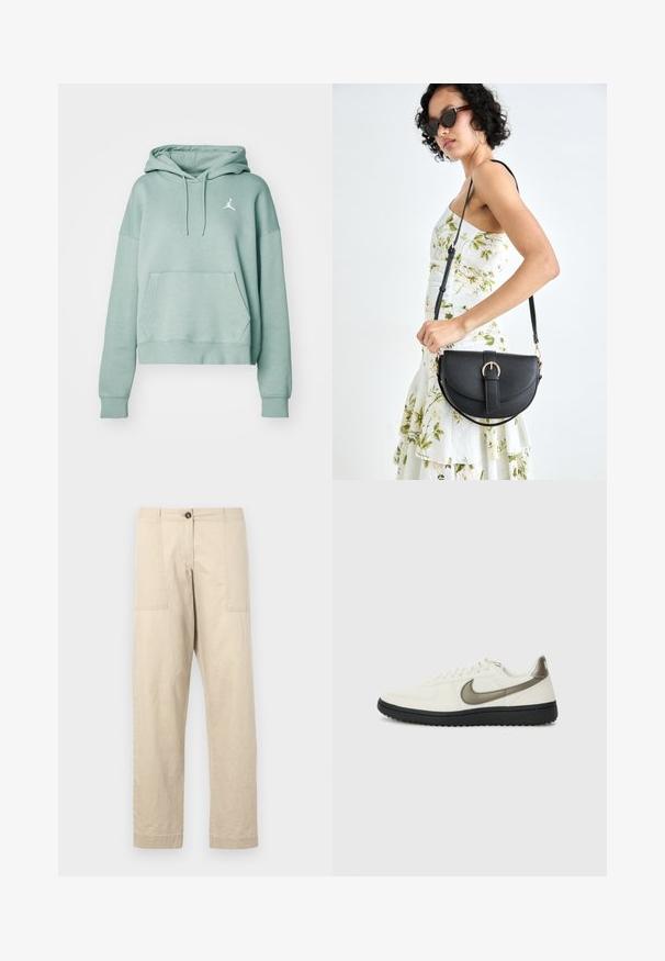 Jordan Majica s kapuljačom - jade smoke; Bež pamuk hlače ravnog kroja s prednjim džepovima, zatvorenjem na dugme i manžetama. Glatka tekstura i minimalistički dizajn.; Nike Sportswear FIELD GENERAL - Tenisice - off-white/black; Crna kožna torba s lukovitim oblikom, odvojivim remenom i zlatnim detaljima. Torba ima preklop s kopčom.