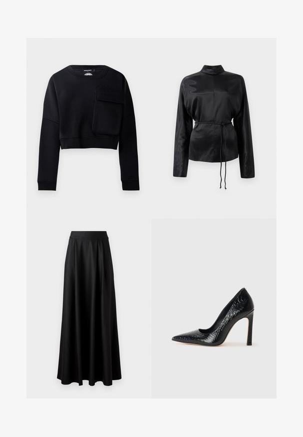 Felpa nera corta con maniche lunghe, tessuto testurizzato e una grande tasca decorativa sul davanti. Presenta un collo rotondo e polsini a coste.; Camicia nera in satin con maniche lunghe e colletto alto, vita aderente e dettaglio con cordoncino regolabile. Texture liscia con una finitura elegante.; Gonna nera lunga fino al pavimento con una texture liscia, vita alta ampia e design plissè, priva di motivi visibili o decorazioni.; Scarpa nera con punta a punta alta in pelle di coccodrillo, caratterizzata da un design elegante, alto tacco a spillo e interno nero liscio.