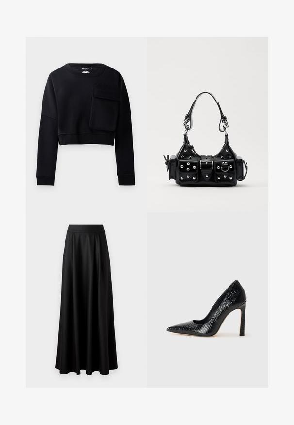 Schwarzer, kurzer Sweatshirt mit langen Ärmeln, strukturiertem Stoff und einer großen dekorativen Tasche auf der Vorderseite. Mit rundem Hals und gerippten Bündchen.; Schwarzer, bodenlanger Rock mit glatter Textur, weitem Bund und plissiertem Design, ohne sichtbare Muster oder Verzierungen.; Schwarzer, spitz zulaufender High Heel mit Krokodilleder-Struktur, elegantem Design, hohem Stiletto-Absatz und glattem schwarzen Innenraum.; Schwarze Lederhandtasche mit einem geschwungenen Design, verziert mit silbernen Nieten, einer Schnalle und zwei seitlichen Taschen. Verstellbarer Träger für verschiedene Tragemöglichkeiten.